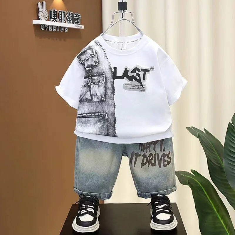 Boys Summer Clothing Set New Handsome Children's Short Sleeved Clothes Trendy Baby T-shirt Jeans Thin Two-piece Set