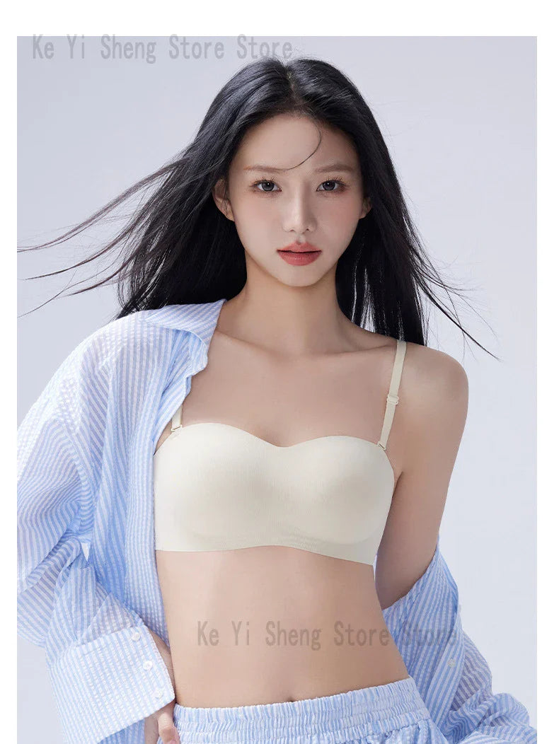 Strapless women's no-scar, no-steel rims, top support, close-fitting bra, small breasts make larger, detachable shoulder straps