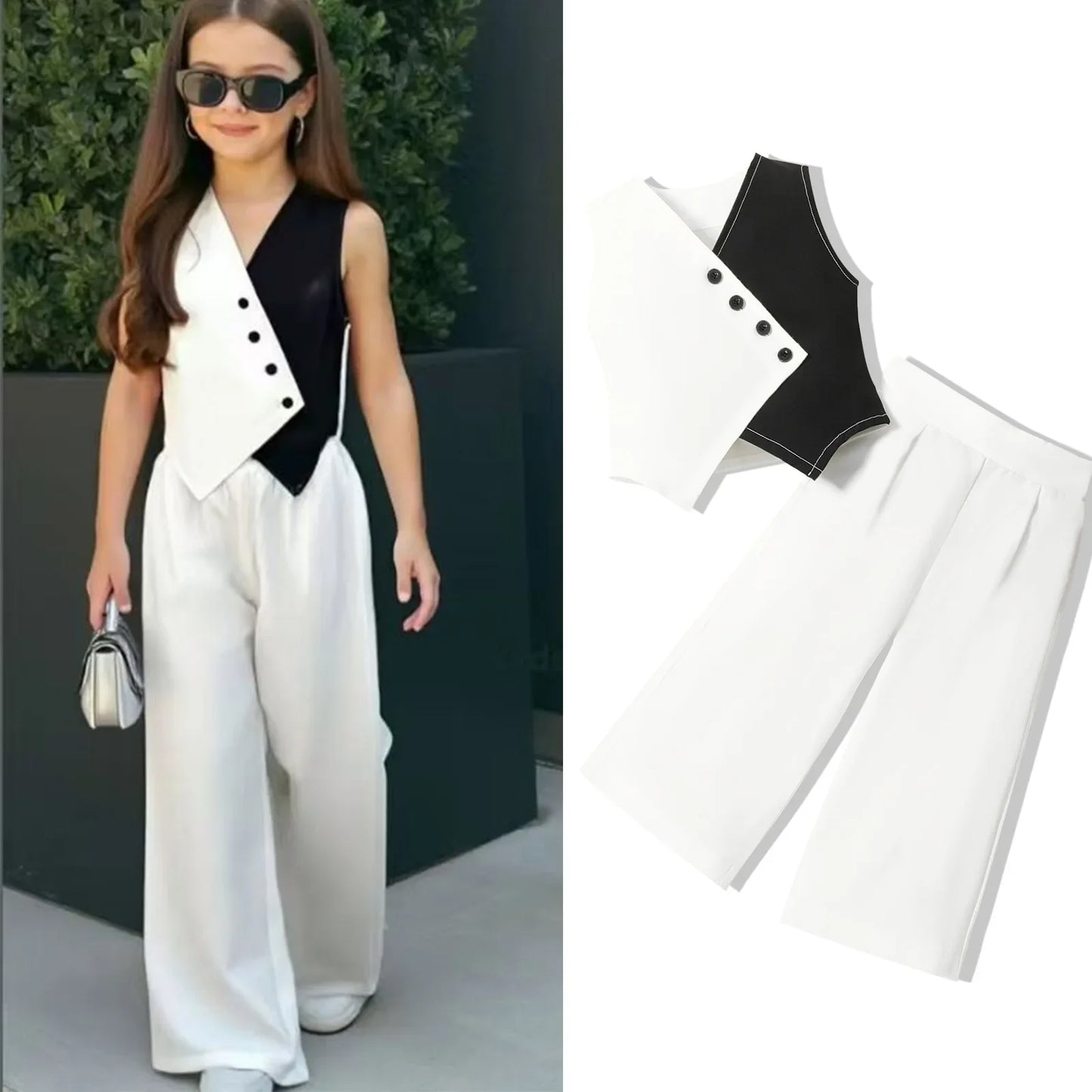 Summer Baby Girl Suits Toddler Clothes Set Black Whit Vest Wide Leg Trousers Flare Pants Kids Outfit Elegant Fashion Children