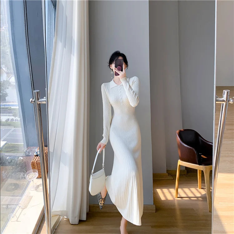 Sweater Dress Women New  Autumn Winter Purple White Or Black High Waist A Line Dress Elegant Long Knitted Dress