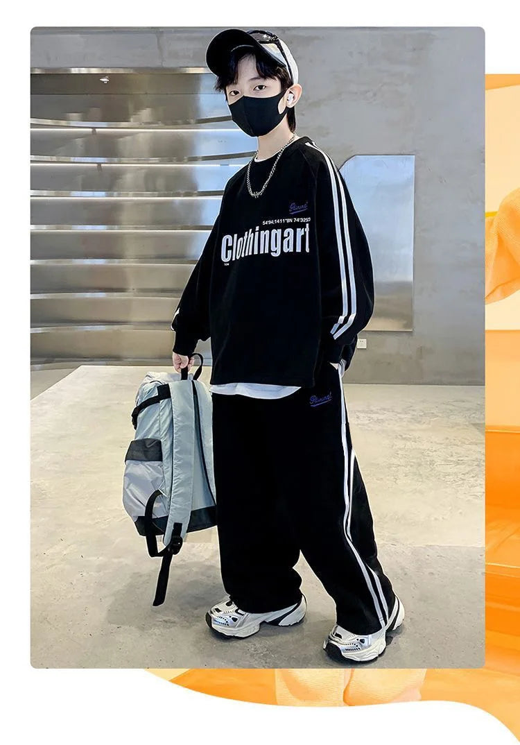 Teenager boys Suit autumn winter Cloth letter striped sweatshirt hooded + wide leg Pants tracksuit 5 8 10 12 Year Child set