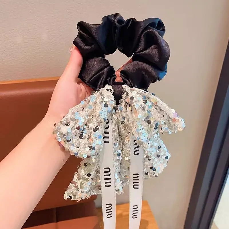 Korean New Fashion Sequins Elastic Hair Bands Elegant Ribbon Hair Ties  New Headwear Girls Women