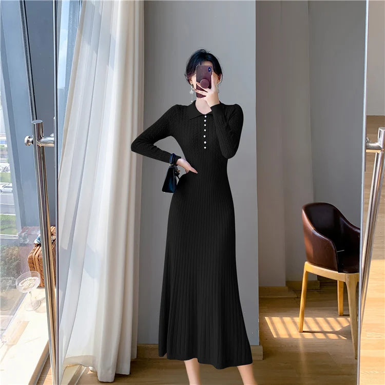 Sweater Dress Women New  Autumn Winter Purple White Or Black High Waist A Line Dress Elegant Long Knitted Dress