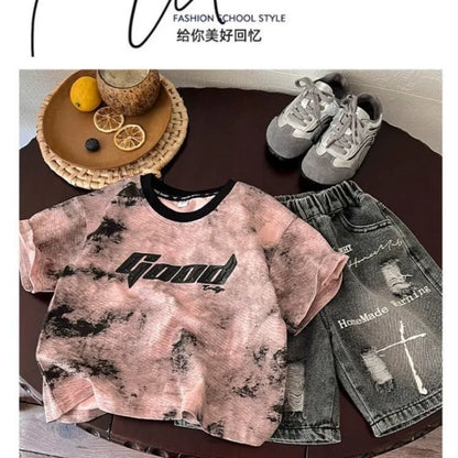 Korean Boys Summer Children's Top and Bottom 2PC Sets Short Sleeve T-Shirt & Denim Shorts Kids Clothes 1-7 Years Black Toddler