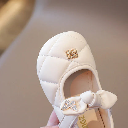 Girls Leather Shoes 1-6 Years Old Beige Rhinestone Bow Performance Princess Shoes Khaki Soft Bottom with Children's Single Shoes