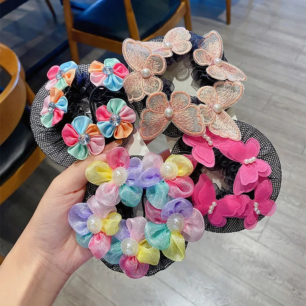 Girls Dance Hairnet Ballet Bun Cover Flower Butterfly Pearl Rhinestone Hair Mesh Kids Training Daily Dance Accessories