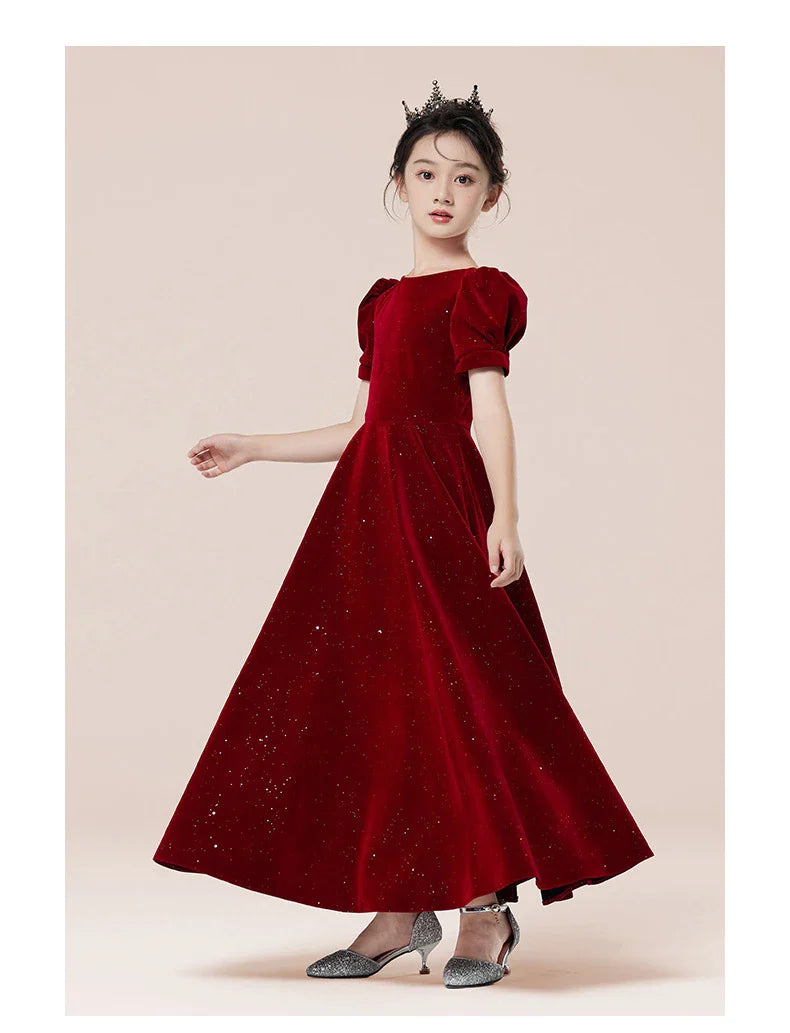 Kids Party Dress Clothing For Birthday Princess  Wine Red Piano Wedding Flower Girl Host Children's Formal Dress