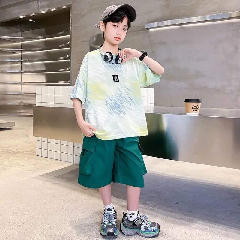 Hip Hop Children Cotton Solid Sportswear Kid Boys Clothing Set Boys Summer Suit Teen Boys Short Sleeve + Pants 2piece  loose