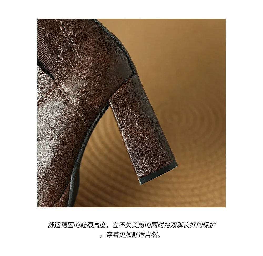 Autumn/Winter Women Boots Round Toe High Heel Shoes for Women Leather Boots Women Handemade Shoes Ankle Boots Ladies Shoes