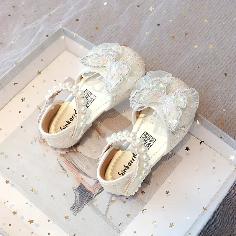 Girls Dress Shoes for Wedding Party Bling Sequins with Rhinestone Butterfly Sweet Princess Chic Kids Flat Shoes Lace Beaded