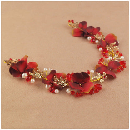 Artificial Flower Hairband Wedding Tiaras For Women Red Floral Pearl Headband Elegant Girls Hair Hoop Bridal Headwear Jewelry