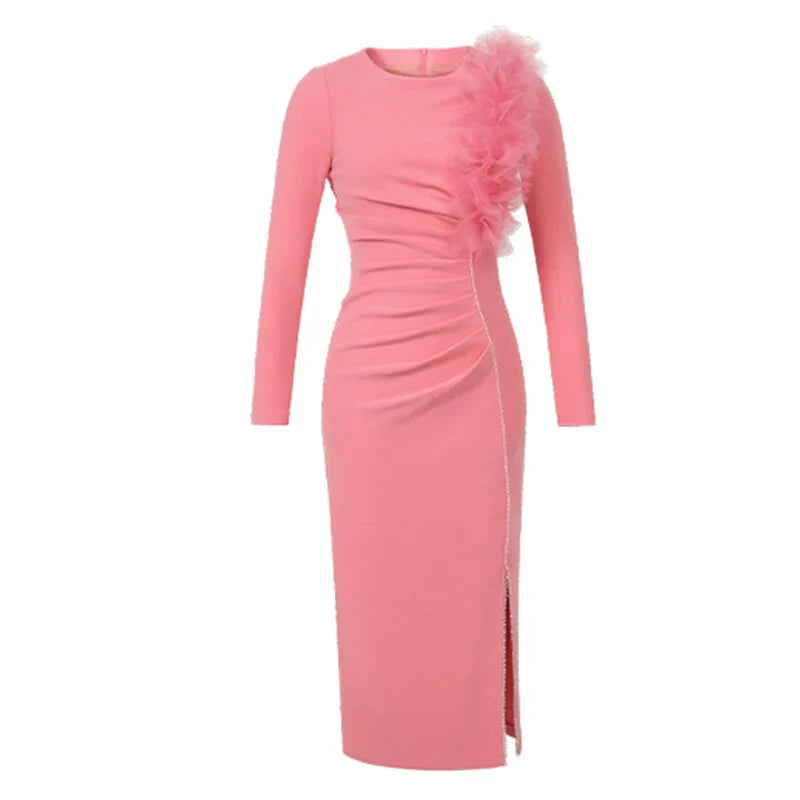 Banquet Evening Dress Women Elegant Style Flower Beading Folds Slit Robe Female Party Prom Vestidos Catwalk Gown