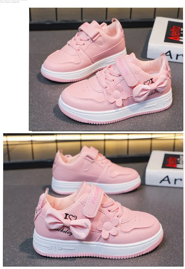 Girls Sneakers Pink Bow Decoration 3D Flowers Cute Sports Shoes Spring Autumn Breathable Casual Non-slip Outdoors Board Shoes