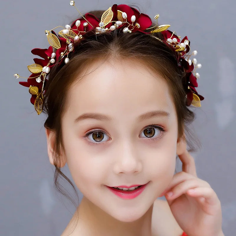 Red Ancient Chinese Style Headband Floral Hairpiece for Girls Princess Hanfu Accessories Traditional Festival Celebration Gift