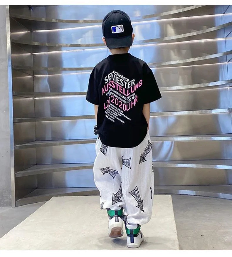 Children's Summer Set Korean Version Boy Hip Hop Loose Short Sleeve T-shirt Casual Mosquito Pants 2-piece Set