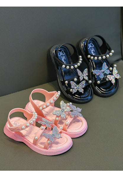 Kids' Sandals PU Leather Sequin Peep Toe Summer Outdoor Flat Shoes For Girls Breathable Anti-slip White Purple Pink