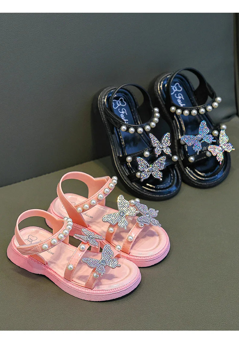 Kids' Sandals PU Leather Sequin Peep Toe Summer Outdoor Flat Shoes For Girls Breathable Anti-slip White Purple Pink