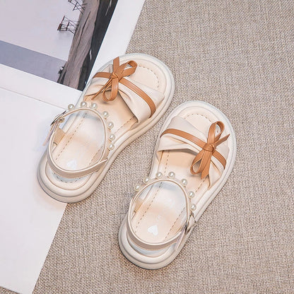 Girls Sweet Princess Sandals Soft Bottom Children Summer Beach Shoes Non-Slip Soft Sole Kids Flats Beading Sandals with Bow-knot