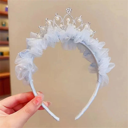 Sweet Princess Headband for Girl Mesh Pearl Crown Hair Hoop for Children Birthday Party Headwear