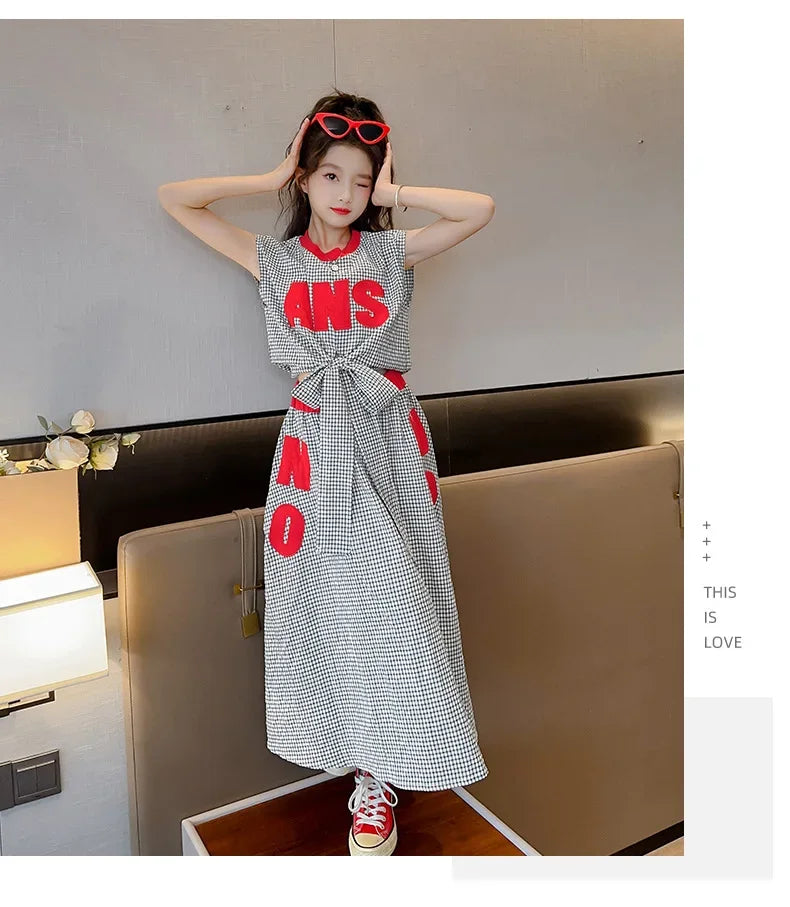 Girls Clothes Summer Kids Fashion Letter Vest + Skirt 2pcs Set Children Clothing Suit Teen Girl Plaid Bowknot Sleeveless Outfits
