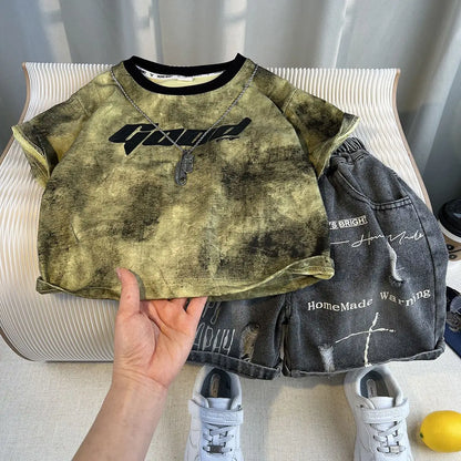 New Boys Sleeveless Vest Denim Shorts 2PC Sets Outdoor Festival Clothing Vintage Print Kids Miracle Design 2-10 Years White Tops