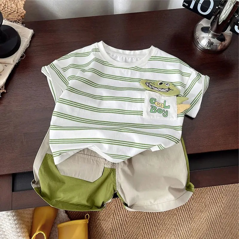 Summer Children Clothes Boys Girls Short-sleeved Striped T-shirt +Shorts 2Pcs Set Babies Fashion Round Neck Outfits Kids Suits
