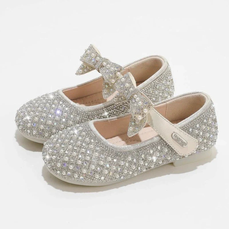 Autumn New Girls Single Princess Shoes Pearl Shallow Children's 2025 Comfortable Flat Shoes Kid Baby Rhinestone Bowknot Shoes