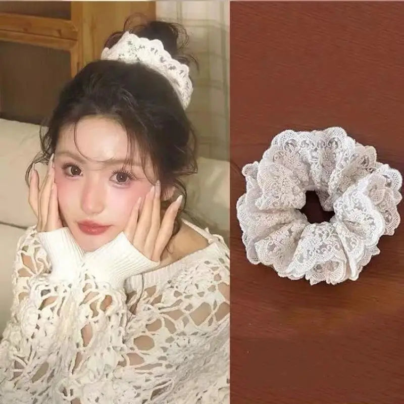 Lace Scrunchies for Women Elastic Hair Bands Ponytail Holders Tie Solid Color Hair Hoop Scrunchy Rubber Bands Women Hair Ring