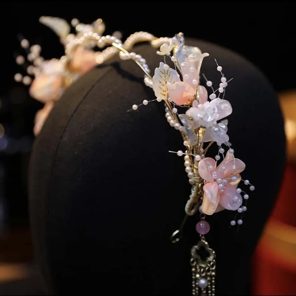 Flower Hanfu Tassel Hair Hoop Beads Crown Chinese Ancient Hairband Double-layer Alloy Swaying Fairy Headwear Hairstyle Tool