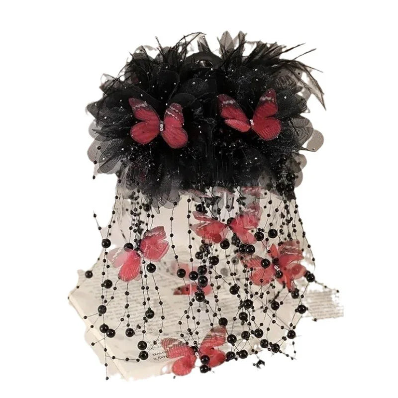 Fashion Fairy Butterfly Feather Tassel Hair Claw Shark Clips Temperament Mesh Flower Claw Clip Women Headwear Hair Accessories