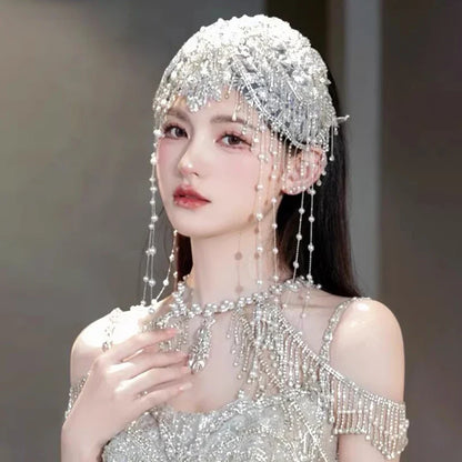 Fashion Exquisite Rhinestone Beaded Fringed Hat Yarn Bridal Wedding Personalized Retro Dress Wedding Photo Styling Jewelry