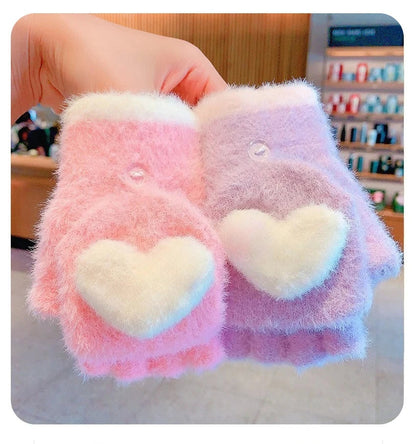 Winter Plush Knitted Cartoon Rabbit Flexible Flip-top Gloves Thicken Warm Cute Gloves For Baby Girls Half Finger Children Gloves