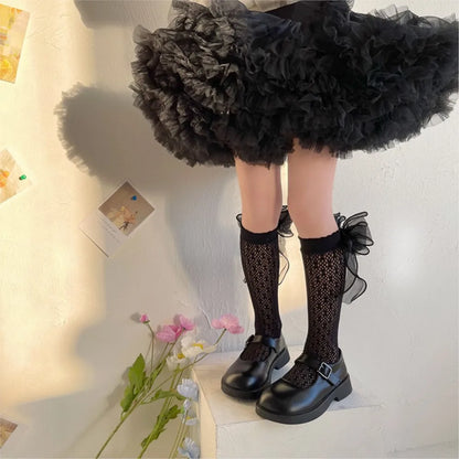 Thin Lolita bow girls' stockings in summer lace bud stockings Japanese princess straight calf socks