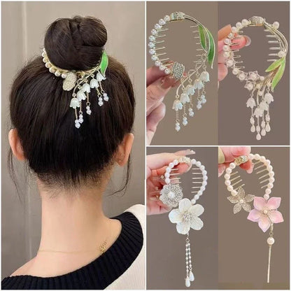Ladies Butterfly Rhinestone Pearl Metal Hair Claw Round Bun Ponytail Holder