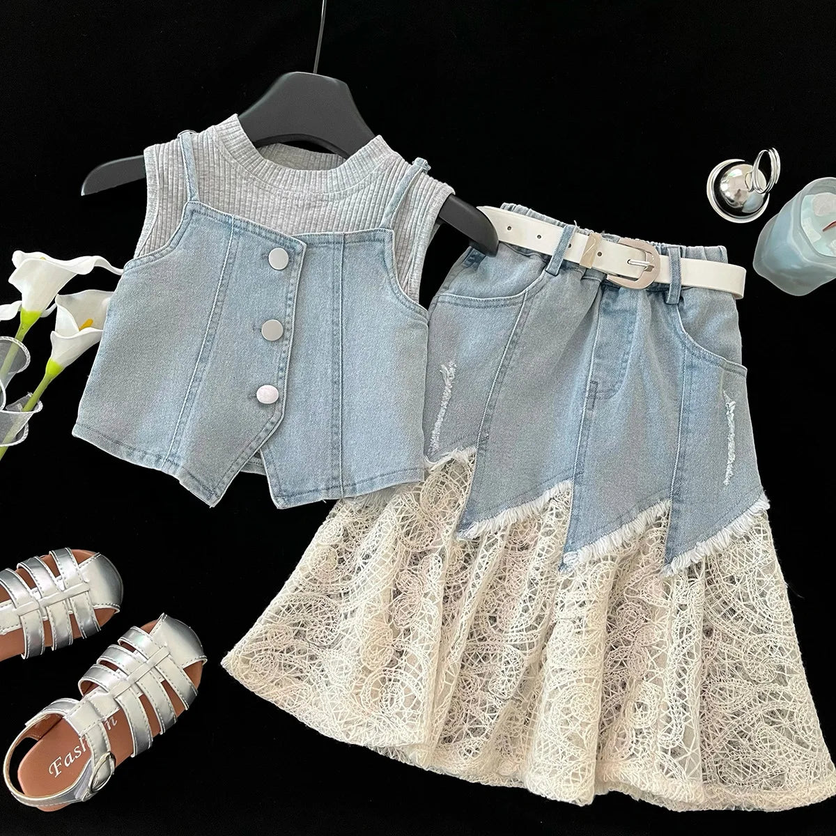 Girls Baby Summer Clothing Set Denim 4pcs Suits Top Vests+Tees+lace Skirts+Belt,fashion Kids Children Birthday Casual Clothes