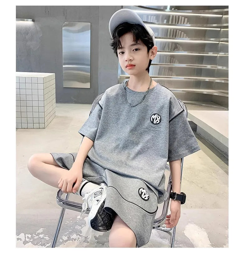 Boys Suit Child set Clothes Short-Sleeved loose black t-shirt + half pants Teenager Tracksuits Kids 8 10 12 year