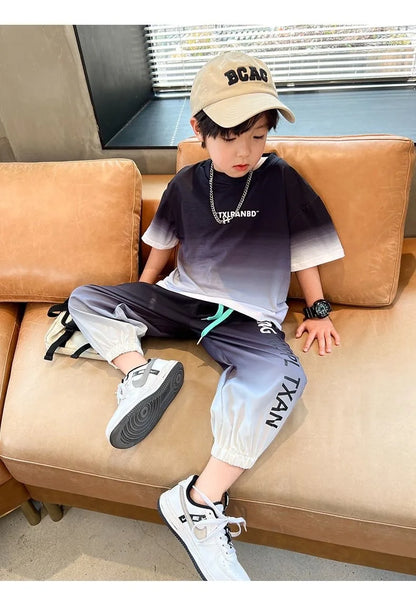 Summer teenager Boys Sports Suit Letter T Shirt + hip hop shorts Pants Kids Clothes Tracksuit 4 5 6 7 8 9 10 11 12 Years