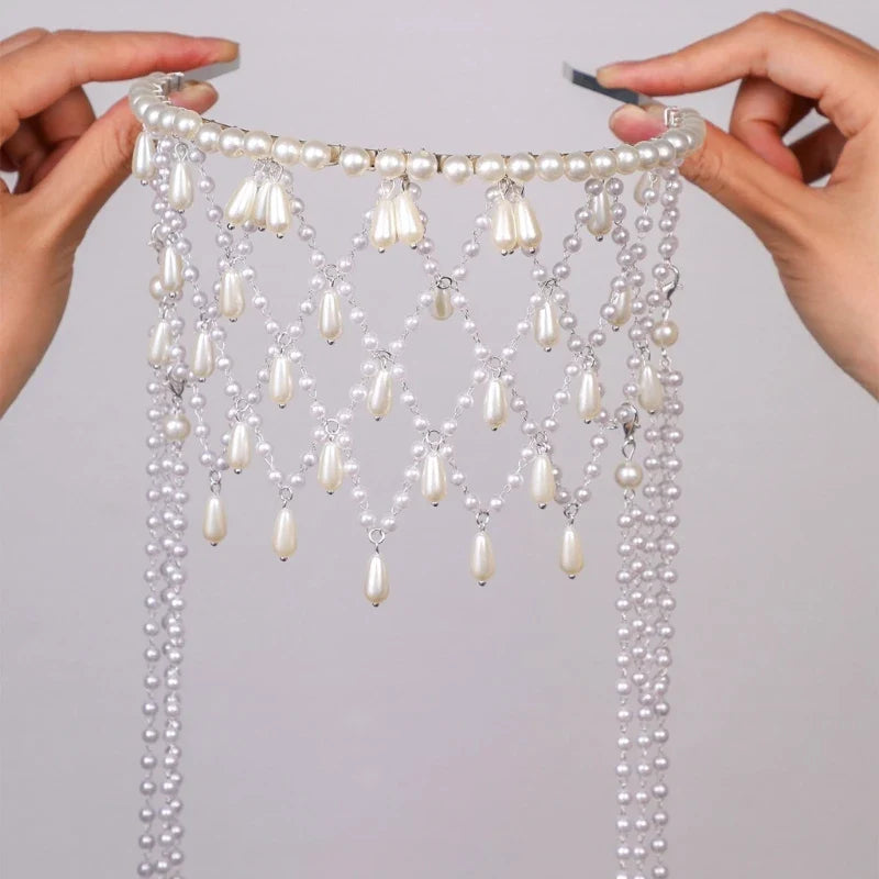 Handmade Imitation Pearls Bridal Hair Chain Elegant Wedding Headpiece Comfortable Headbands For Bride
