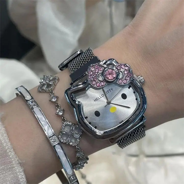 Hello Kitty Cartoon Watch Cute Student Fashion Watch Bow Decoration Quartz Wristwatch Girl Christmas Gift