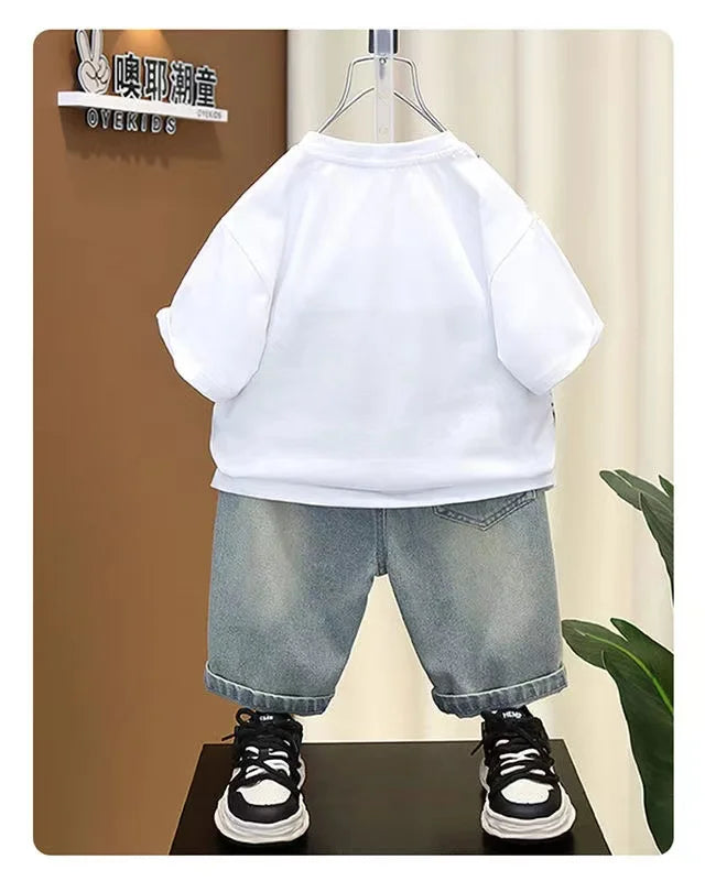 Boys Summer Clothing Set New Handsome Children's Short Sleeved Clothes Trendy Baby T-shirt Jeans Thin Two-piece Set