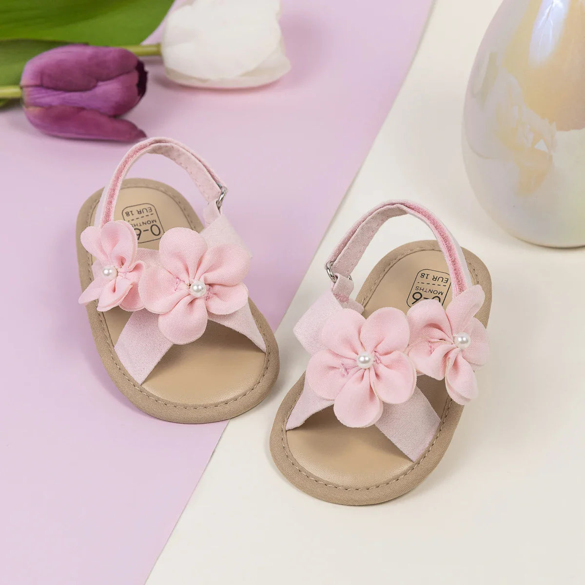 Baby Girls Shoes Flowers With Pearls Summer Cool Princess Sandals Lightweight Comfortable Soft Anti-slip Flat Sole
