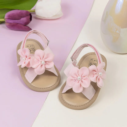 Baby Girls Shoes Flowers With Pearls Summer Cool Princess Sandals Lightweight Comfortable Soft Anti-slip Flat Sole