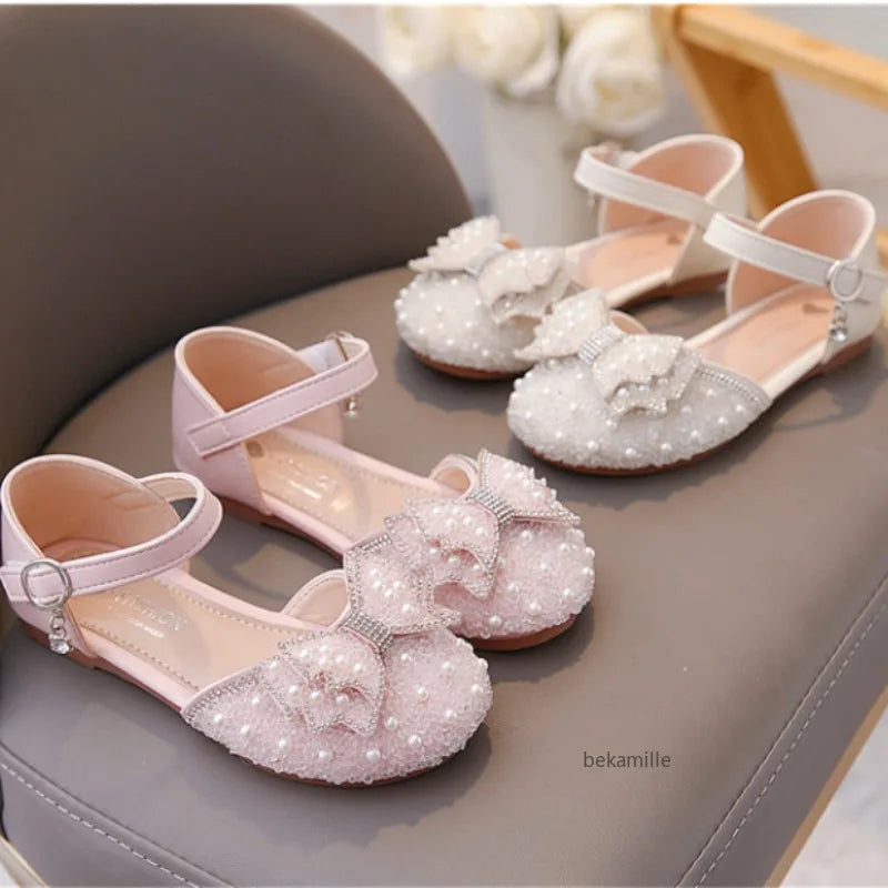Girls' Princess Shoes Spring And Summer Sandals White Flat Dress Shoes Pearl Decoration For Kids And Teens