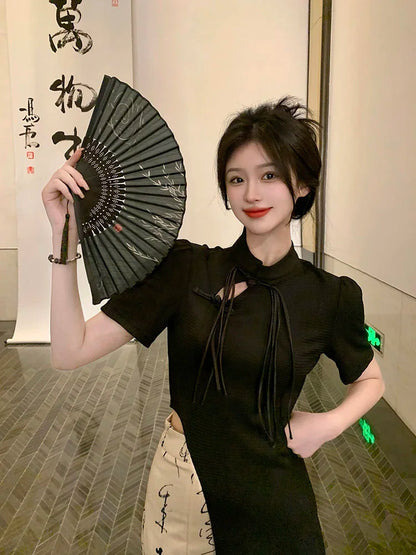 New Chinese Style High Grade Irregular Calligraphy Half Body Dress Fashion Qipao Two Piece Set Skirt Women's Summer Hanfu Suit