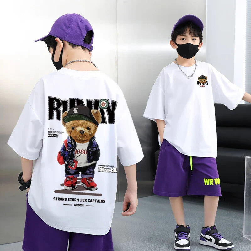 Summer 100% Cotton Boys Blue T-shirt Cool Graffiti Printed Girls Tees Short Sleeve Children Tops High Quality Kids Clothes