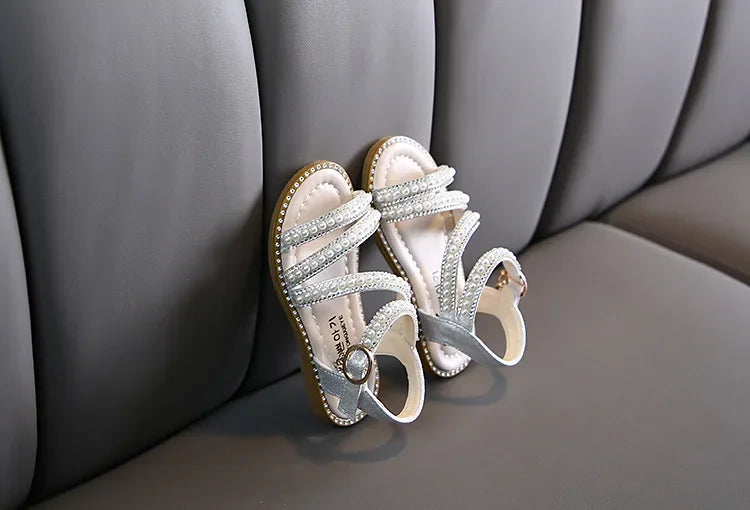 Summer Children's Sandals Korean Style Open-toe Kids Girls Causal Rhinestone Pearl Flats Sandals Fashion Princess Dress Shoes