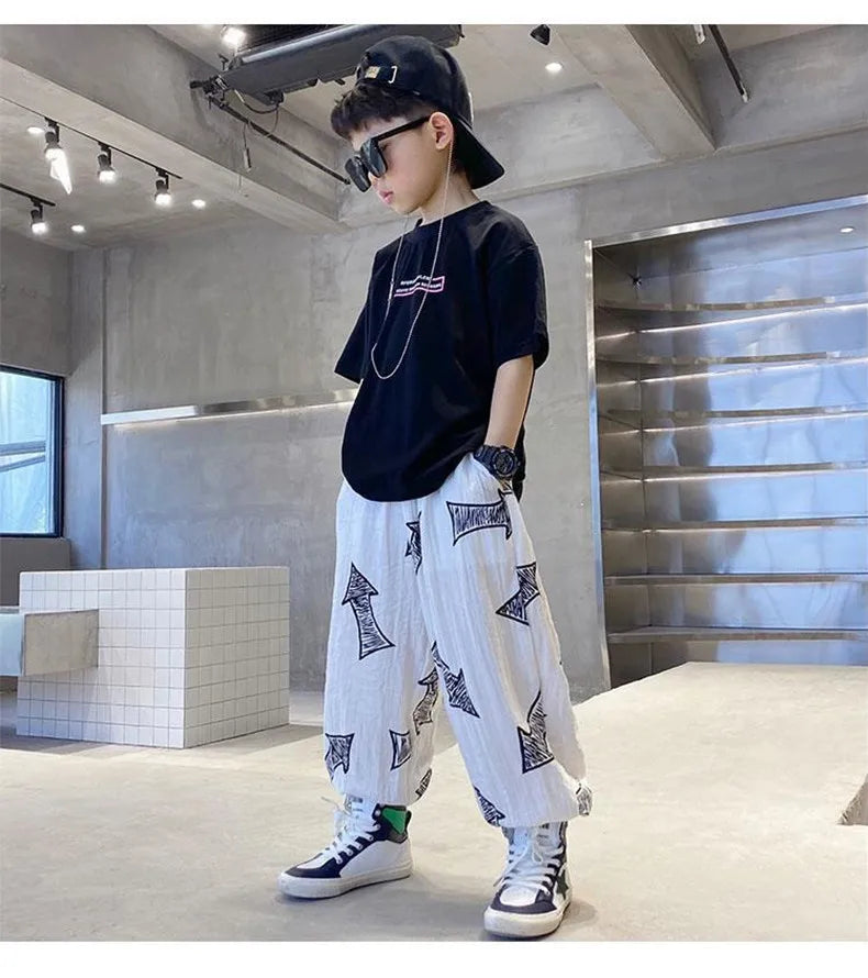 Children's Summer Set Korean Version Boy Hip Hop Loose Short Sleeve T-shirt Casual Mosquito Pants 2-piece Set