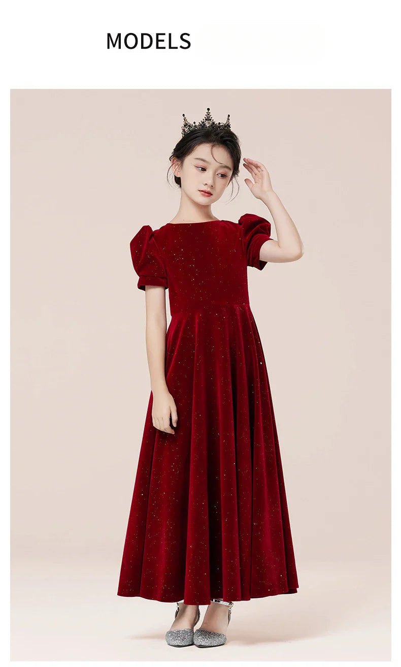 Kids Party Dress Clothing For Birthday Princess  Wine Red Piano Wedding Flower Girl Host Children's Formal Dress