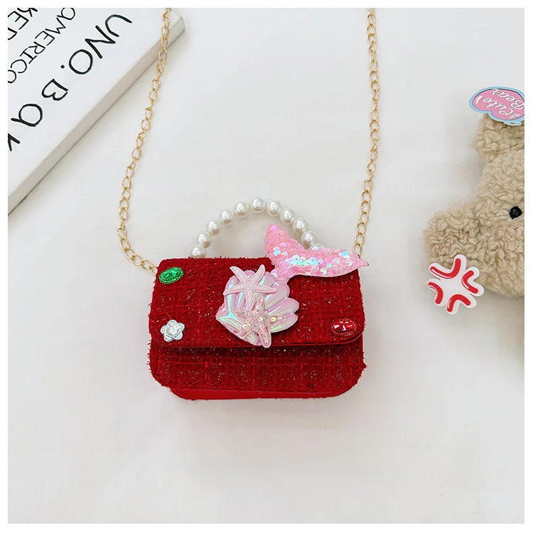 Sweet Bow Children's Small Square Shoulder Bag Sequin Lace Princess Girls Crossbody Bags Pearl Handle Coin Purse Handbags Gifts
