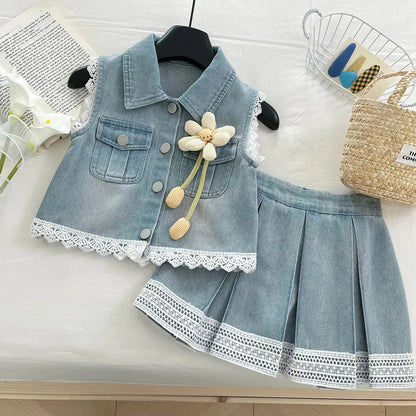 New Baby Girl Summer Denim Set, Children's Lace Splicing Top and Skirt Set